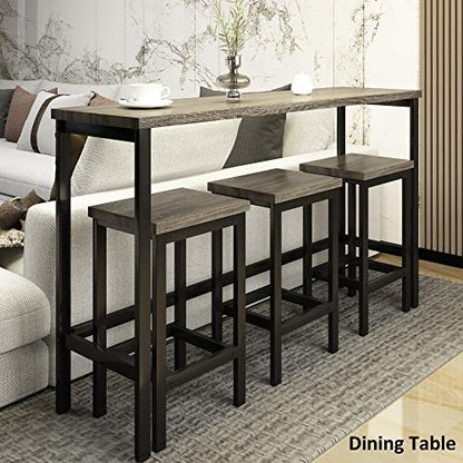 4-Piece Counter Height Extra Long Dining Table Set, Bar Table Set with 3 Stools, Side Table with Footrest Pub Kitchen Set (Gray) - color: Grey