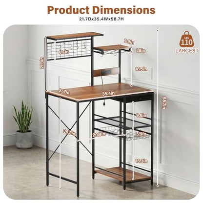 CozyDH Bakers Rack with Power Outlet, Kitchen Microwave Pantry Shelf with Storage Shelves, Wood Coffee Bar with Wire Basket and 8 S-Shaped Hooks, Rustic Brown 35.4 Inches
