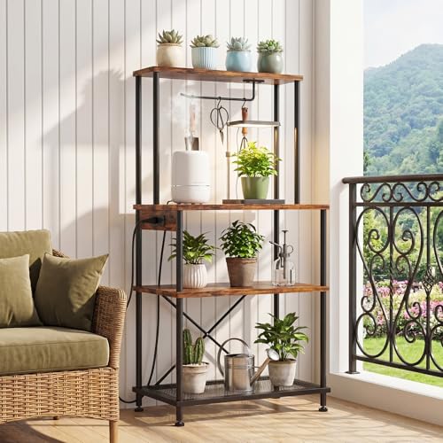 Superlele 4 Tier Baker's Rack with Charging Station, Kitchen Coffee Bar Table with Power Outlets & Paper Towel Holder, 23.6x13x49.2'' Industrial Standing Microwave Shelf for Small Spaces, Rustic Brown - color: Brown, size: 23.6x13x49.2''(with Power Outlet