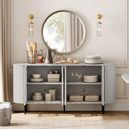 WAMPAT 64.4" Fluted TV Stand, Wood Entertainment Center for TVs Up to 70 inches, Curved Edge Media Console Table with Doors and Shelves for Living Room, Bedroom, White Washed - color: White Washed