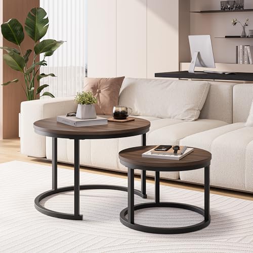 HOJINLINERO Round Nesting Coffee Table Set of 2,Walnut Coffee Table,Large | Center Table for Living Room,Small Apartment,Small Space,Stacking Side Tables,Wood Tabletop,Sturdy and Easy to Assemble - color: Walnut, size: Large