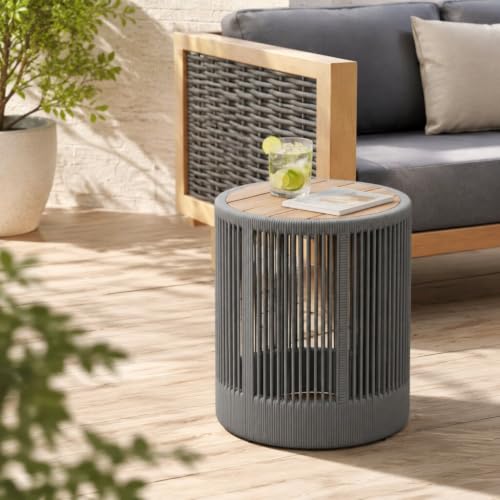IRONORA Grey Hand-Woven PE Rattan Round Patio Side Table, Solid Acacia Wood Top Hollow Drum Accent End Table, Weather Resistant Coastal Side Table for Backyard Balcony Sunroom Living Room - color: 15-inches Gery
