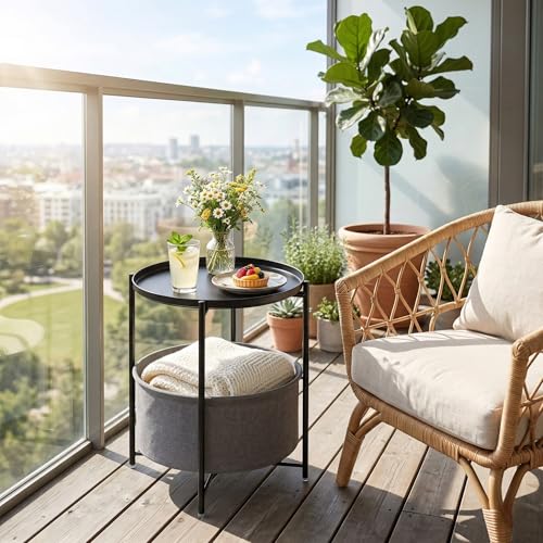 danpinera Black Small Round Side Table with Storage Basket, Removable Tray | Metal Bedside Table for Small Space, Living Room, Nursery, Metal Accent Stand with Removable Tray, Coffee Nightstand, Black - color: Ink Black