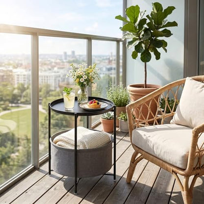 danpinera Black Small Round Side Table with Storage Basket, Removable Tray | Metal Bedside Table for Small Space, Living Room, Nursery, Metal Accent Stand with Removable Tray, Coffee Nightstand, Black - color: Ink Black