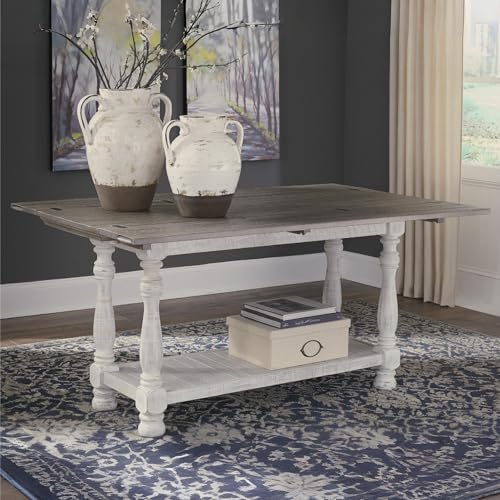 Signature Design by Ashley Havalance Farmhouse Sofa Table, Flip Top Design for Additional Dining Space and Fixed Lower Shelf, Gray & White with Weathered Finish - color: Gray/White, style: Sofa Table