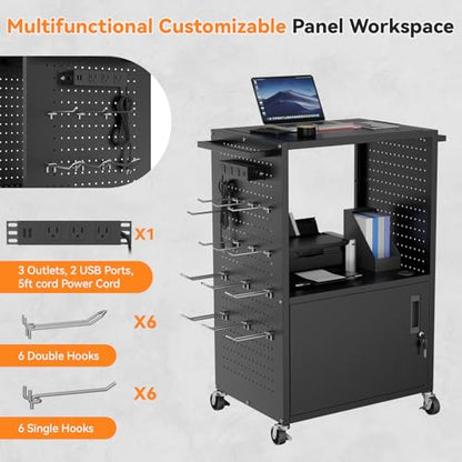 Mobile AV Cart, Heavy Duty Rolling Computer Cart with Push Handle & Hooks – Locking Cabinet, Pegboard, 4 Outlets, Lock Brake Casters – Media Utility Cart on Wheels for Office/Classroom - size: Style 2 18"D x 32"W x 40.5"H