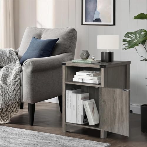 Farmhouse End Table, Nightstand with Barn Door and Shelf,Grey Wash | End Tables,Wooden Sofa Side Table, Modern Bed Side Table Rustic Nightstands, Bedroom, Living Room - color: Gray Wash