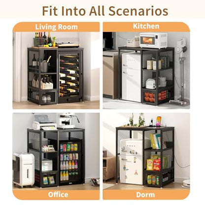 METYERRY Kitchen Bakers Rack with Power Outlet, Microwave Stand with Drawer, Mini Fridge Stand with Adjustable Shelves,Mini Fridge Cabinet Suitable for Dining Room, Dorm,Home, Black - color: Black