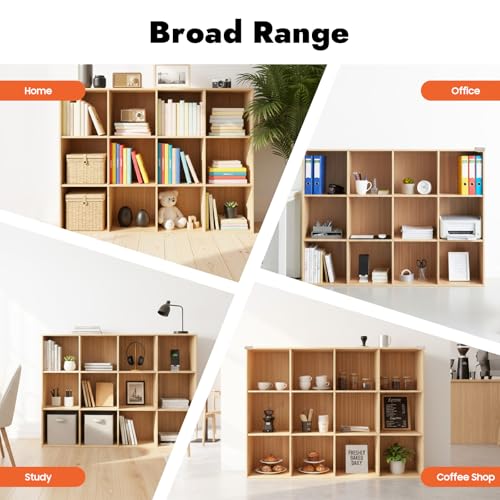 12-Cube Solid Wood Bookshelf, 3-Tier Storage Organizer Semi-Open Floor Display Shelf Closet Cabinet for Home Office Library School, 12" D x 47" W x 35" H - size: 12-Cube, 12"D x 47"W x 35"H