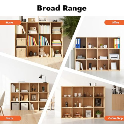 12-Cube Solid Wood Bookshelf, 3-Tier Storage Organizer Semi-Open Floor Display Shelf Closet Cabinet for Home Office Library School, 12" D x 47" W x 35" H - size: 12-Cube, 12"D x 47"W x 35"H