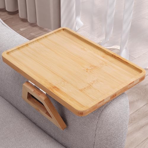 Couch Arm Tray,Bamboo Folding Sofa Tray,Sofa Armrest Trays Clip-On Couch Desk for Drinks,Snacks,Phone,Remote Control（Natural） - color: Natural, style: 13.0" x 9.4"