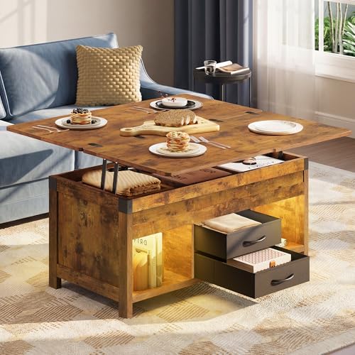 WLIVE 40" Lift Top Coffee Table, 4 in 1 Coffee Tables with Storage, 2 Fabric Drawers, LED Light and USB, Modern Coffee Table with Hidden Compartment for Living Room, Dining Room, Rustic Brown - color: Rustic Brown