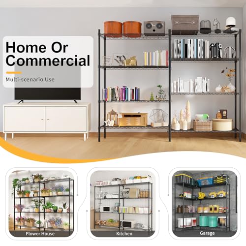 5-Tier Wide Wire Shelving Unit, Adjustable Heavy Duty Storage Rack with Leveling Feet, Freestanding Metal Shelves, for Garage Kitchen, Black - color: Black, 4 Tier-49.2"
