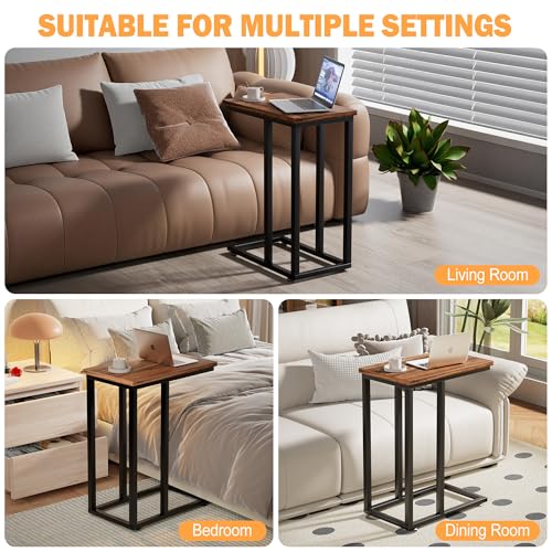 VECELO Universal C-Shaped Side Table, Multi-Functional Snack & TV Tray for Living Room, Bedroom, Brown (2 Set) - color: Brown, size: 2 Set