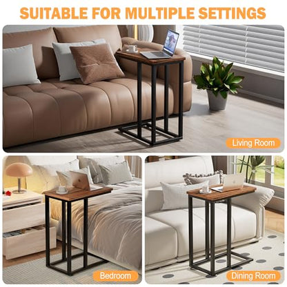 VECELO Universal C-Shaped Side Table, Multi-Functional Snack & TV Tray for Living Room, Bedroom, Brown (2 Set) - color: Brown, size: 2 Set
