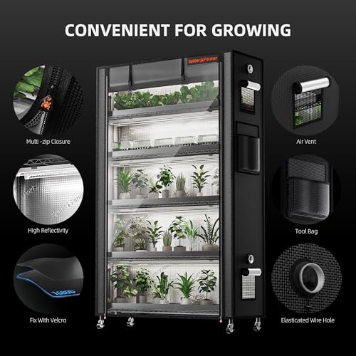 Spider Farmer 6 Tier Plant Shelf with Grow Lights Indoor Greenhouse Tent | 250W Full Spectrum LED Grow Lights, Grow Tent Cover with Visual Curtain and Blackout Curtain, Waterproof Trays, Movable Wheel - size: L-43x16x71in