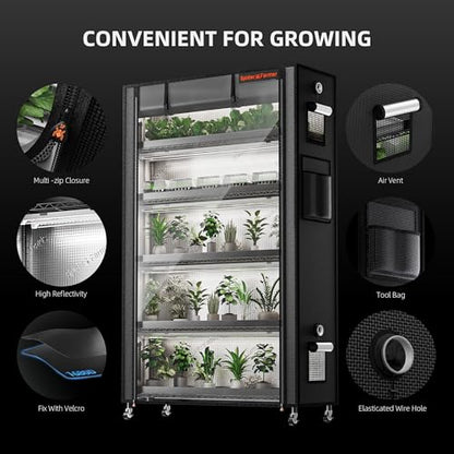 Spider Farmer 6 Tier Plant Shelf with Grow Lights Indoor Greenhouse Tent | 250W Full Spectrum LED Grow Lights, Grow Tent Cover with Visual Curtain and Blackout Curtain, Waterproof Trays, Movable Wheel - size: L-43x16x71in
