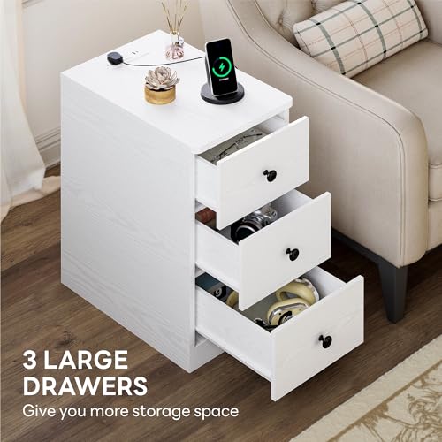 LIKIMIO Nightstand with Charging Station, 3 Drawers Modern for Bedroom - color: White