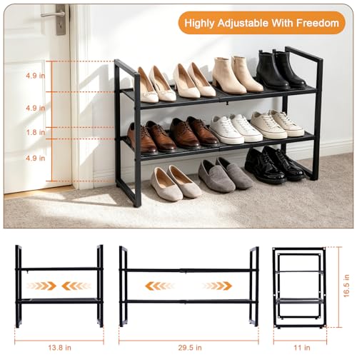 Expandable Shoe Rack, 2 Tier Adjustable Metal Shoe Shelf for Closet, Sturdy Free Standing Shoe Storage for Door Entrance, Bedroom, Small Spaces, Black - size: 2-Tier
