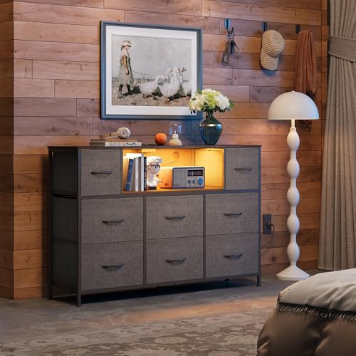 WLIVE Grey Dresser TV Stand for 45, 50, 55 inch TV, Entertainment Center with LED Lights & Charging Station, Chest of Drawers with 8 Fabric Drawers and Open Storage Shelves for Living Room, Hallway - color: Dark Gray