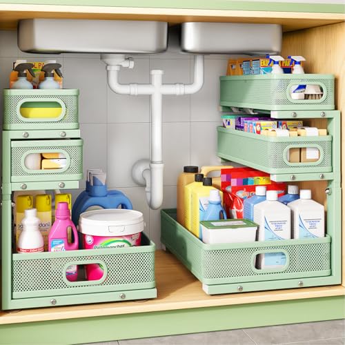 Kitstorack Under Sink Organizer, 2-Pack 3-Tier Height Adjustable Thickened Metal Pull out Cabinet Organizer Shelf, Slide out Storage Drawer Rack for Bathroom Kitchen Pantry Home Organization, Green - color: Green, size: 2 Pack