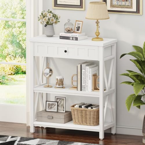 Small Bookcase with Drawer, Wood and Metal Bookshelf for Small Space, Short Book Shelf and Low Book Case for Living Room (White Oak) - color: White Oak, size: With Drawer