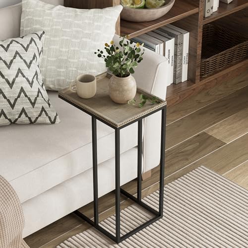 Farmhouse C Shaped End Table with Distressed Beaded Edge Tray Top, Modern Slim Snack Side Table with Metal Base, Black - color: Black, style: Beaded Edge