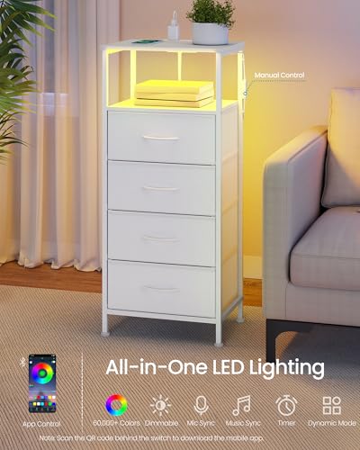 SONGMICS BELLAH Collection - Nightstand with Charging Station and App-Controlled Adjustable LED Lights, Bed Side Table, 4 Drawers and 1 Open Shelf, Modern, Cloud White and Snow White ULGS304WH01S - color: Cloud White + Snow White, size: 4 Drawers