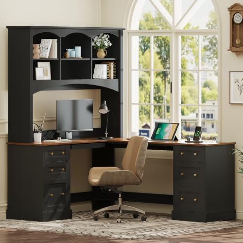 L Shaped Corner Desk with Charging Station Keyboard Tray File Drawer | Arched Hutch with 3 Shelves, 450lbs capacity, Space Saving with Hidden Cabinet & Anti-tip Bracket for home office gaming - color: Black+walnut