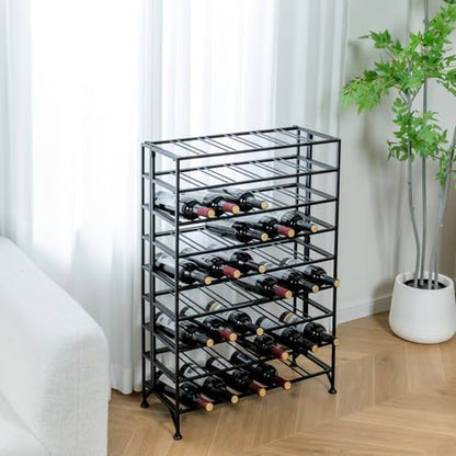 Wine Rack Freestanding Floor,Gray Metal Wine Rack, 9 Tier Wine Stand,Wine Storage Holds up to 54 Bottles,No Assembly Required - color: Black