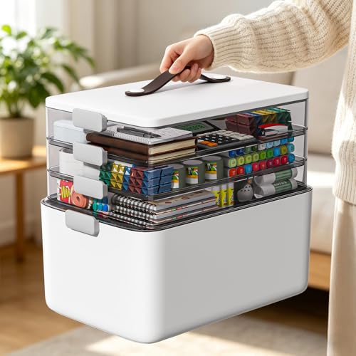 MOPUP 4-Tier Medicine Craft,Sewing,Art,Organizer Storage,Portable Latch Bin with Lid and Leather Handle,Pill Bottle, First Aid,Multipurpose Organizer with Removable Tray,A Household Essential - size: XL– 4-Tier