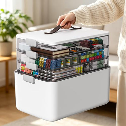MOPUP 4-Tier Medicine Craft,Sewing,Art,Organizer Storage,Portable Latch Bin with Lid and Leather Handle,Pill Bottle, First Aid,Multipurpose Organizer with Removable Tray,A Household Essential - size: XL– 4-Tier