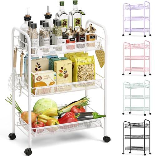 TOOLF 3-Tier Metal Rolling Cart, Mesh Wire Easy Assemble Utility Cart, Storage Trolley on Wheels with 3 Hooks, MetalStorage Shelving Units for Kitchen Bathroom Laundry Room - color: White, size: 3-Tier