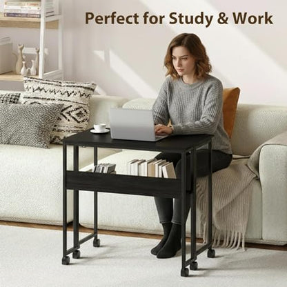Folding Desk Small Rolling Desk with Storage Shelf,24.8 Inch Foldable Computer Table with Wheels,Portable Office Desk for Small Space Sofa Table,Easy to Fold,Writing Work Office Computer Desk,Black