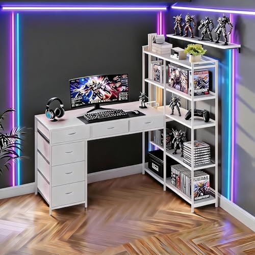 L Shaped Gaming Desk, 6 Drawer Computer Desk with Power Outlets, Reversible Corner Desk with Storage Shelves, Small L-Shaped Desk for Home Office, Space Saving Game Table, White