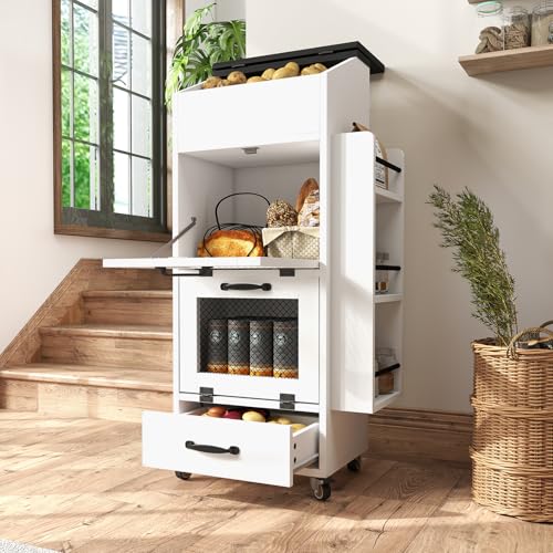 Verano Garden 16.0" Potato and Onion Storage Bin on Wheels, Bread Box | Fruit and Vegetable Organizer, Rolling, Side Rack, Flip-top, Mesh Doors, 4-Tier, Grocery Section, Ventilated, Wood, Kitchen - color: White, size: 16.0"