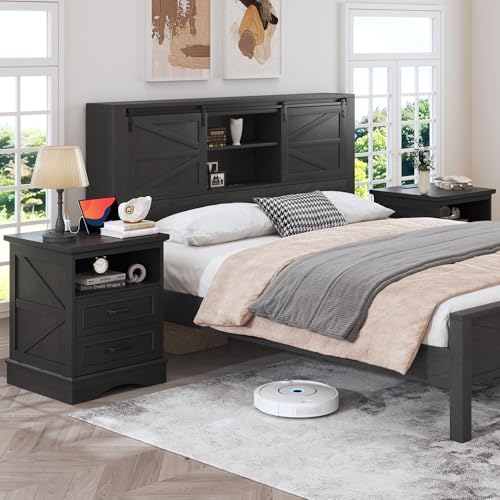 Fluest 24" Tall Farmhouse Nightstands Set of 2, Night Stands with Fast Charging Station, Beside Tables with Drawers and Open Storage, Rustic End Tables for Bedroom, Antique Black - color: Antique Black
