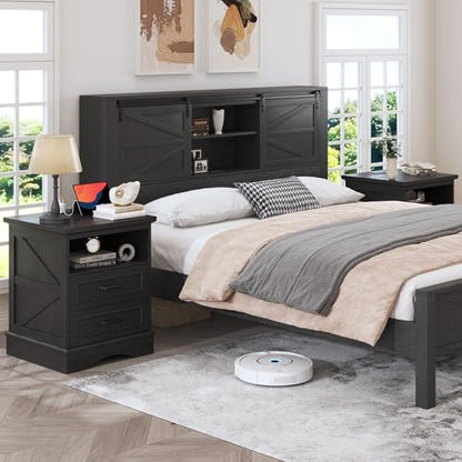 Fluest 24" Tall Farmhouse Nightstands Set of 2, Night Stands with Fast Charging Station, Beside Tables with Drawers and Open Storage, Rustic End Tables for Bedroom, Antique Black - color: Antique Black