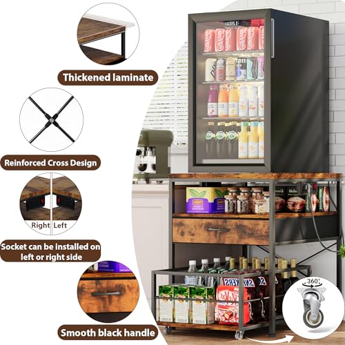 DreamDashio Mini Fridge Stand with Outlet & 3-Tier Rolling Cart, Switchable-Side Power Hub with Storage Drawer & Basket for Microwave, Beverage Cooler, Kitchen, Dorm & Office