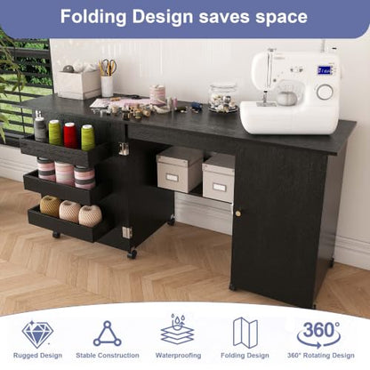HRVEOCEI 4-in-1 Folding Sewing Table with Storage, Sewing Desk Foldable with Lockable Wheels & Power Socket, Sewings Machine Cabinet & Craft Desk with Shelves, Compact Design (Black, 57 Inch) - color: Black, size: 57 Inch