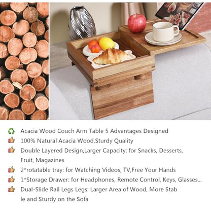 Acacia Wood Couch Arm Tray, 13.4 x 10.3 x 9.5 inches | Sofa Armrest Table, 2 Rotating Trays, 1 Storage Box, 360° Rotating Phone Holder, 4-in-1 TV Tray Table