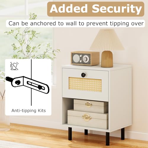 Giantex Rattan Nightstand with Drawer, Modern Bed Side Table w/ 4 Metal Legs and Open Storage Shelf, Wood Boho End Table for Small Spaces, White Night Stand for Bedroom Office - color: White
