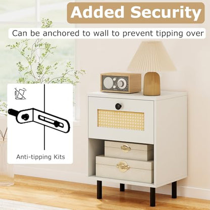 Giantex Rattan Nightstand with Drawer, Modern Bed Side Table w/ 4 Metal Legs and Open Storage Shelf, Wood Boho End Table for Small Spaces, White Night Stand for Bedroom Office - color: White