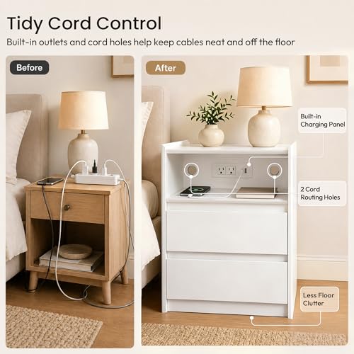 24" Tall Nightstand with Charging Station Including USB-C, Modern Bedside Table and Sofa End Table - White, 2 Drawers, 1-Pack - color: White, size: 1-Pack, style: 2 Drawers