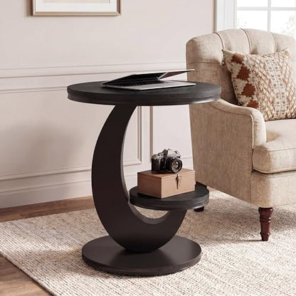 Tribesigns Round End Table with 2-Tier Shelf Storage,C Shaped Wood Side Table for Couch with Metal Frame,Modern Nightstand Accent Table for Living Room,Bedroom,Small Space,Black - color: Black