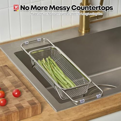 WAGENSTEIGER Extendable Dish Rack with Feet, Vegetable Colander Basket, Stainless Steel Dish or Silverware Drying Rack, Ultimate Kitchen Organizer Over the Sink (12.40 x 5.12 x 2.36 Inches) - size: 12.40 x 5.12 x 2.36 Inches