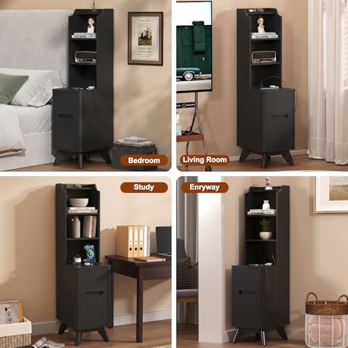 Tall Nightstand Set of 2 w/Charging Station, Narrow Nightstand w/Bookshelf | 47" Modern Side Table with 2 Drawers, Adjustable 4 Open Shelves, Wooden End Table Bedside Table for Bedroom (Black) - color: Black, size: Tall (2 drawer)