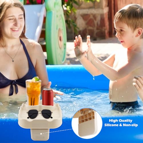 Hot Tub Table Tray Fits Width 6.7-7.8in Inflatable Spa/Pool,Beige | Foldable Hot Tub Side Table,Drink Caddy with 2 Cup Holders and Drain Holes,Non-Slip Rubber for Drinks,Phones & Snacks - color: Ivory