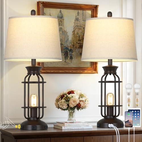 28" Tall Farmhouse Table lamps Set of 2, Vintage Industrial Table Lamp with USB C+A Ports & Outlet, Modern Rustic Bedside Lamp for Nightstand Living Room Bedroom Side Table Office Brown, 4 LED Bulbs - color: Brown