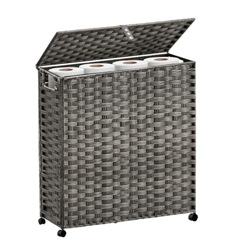 Hiagnete Toilet Paper Storage Basket with Lid and Wheels, Rattan Toilet Paper Holder Storage, Toilet Paper Organizer for Bathroom, Bedroom, Kitchen, 19.7”L x 7.9”W x 24.62”H, Grey - color: Grey, size: 19.7”L x 7.9”W x 24.62”H